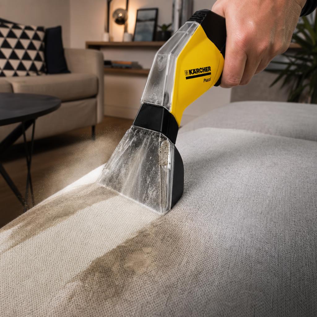 Kärcher Puzzi extraction hand tool cleaning a grey fabric sofa in a modern living room